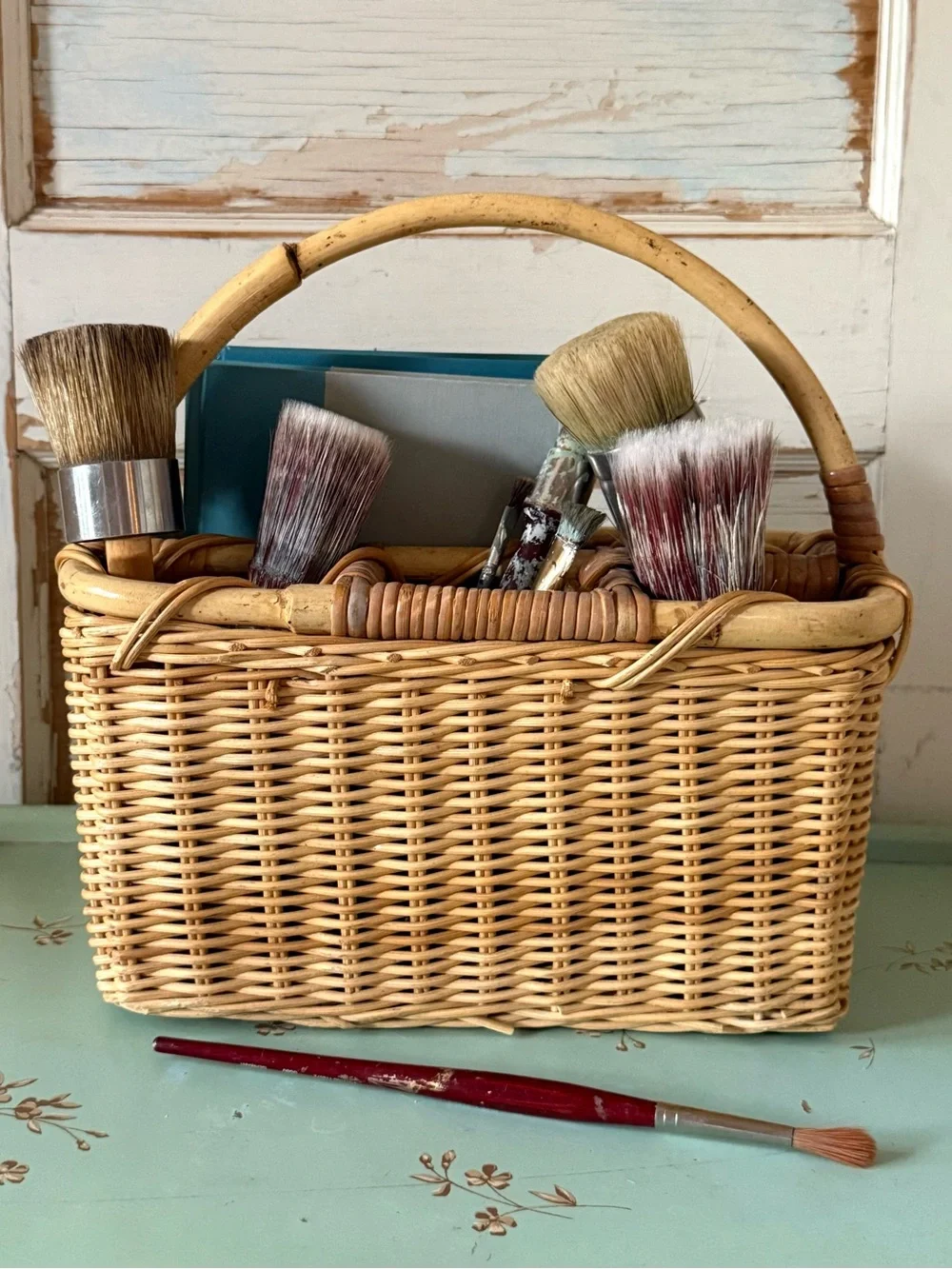 Vintage Wicker Cutlery Basket, Organizer, Rattan, Handmade